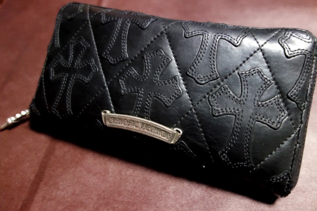 CHROME HEARTS/WALLET REC F ZIP#2 CEMETERY CROSS QUILTED BLACK LIGHT LEATHER
